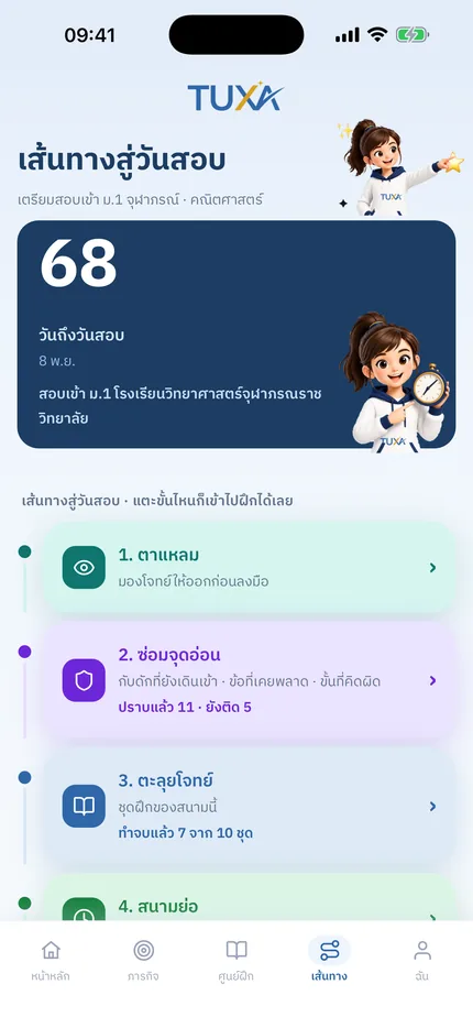จอเส้นทางสู่วันสอบของ TUXA แสดงจำนวนวันถึงวันสอบและทักษะที่ยังปิดไม่ทัน